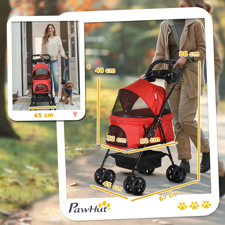 image 1 of PawHut Pet Stroller Foldable Travel Carriage w/ Brake Basket Canopy, Red