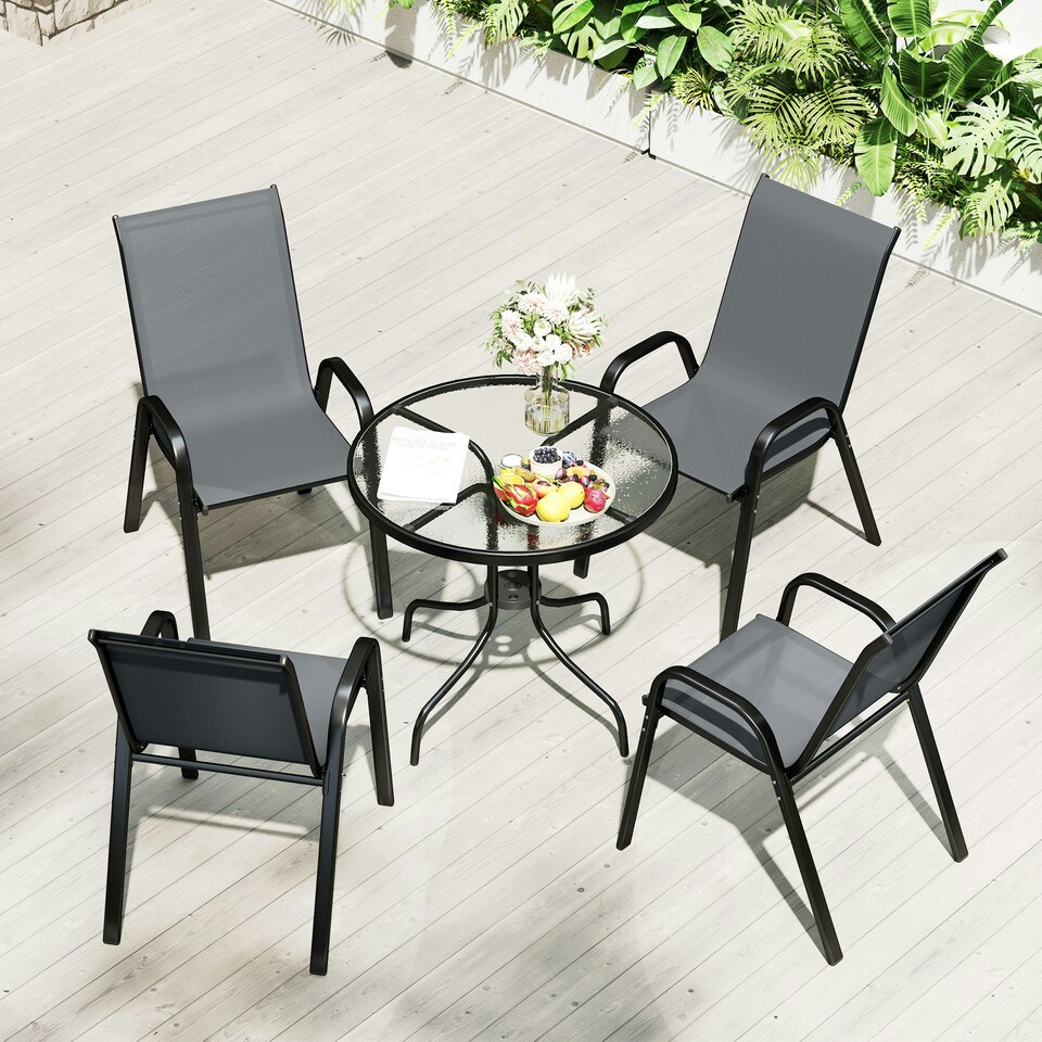 image 1 of Outsunny 5 PCs Garden Furniture Set, Round Table and Stackable Chairs, Grey
