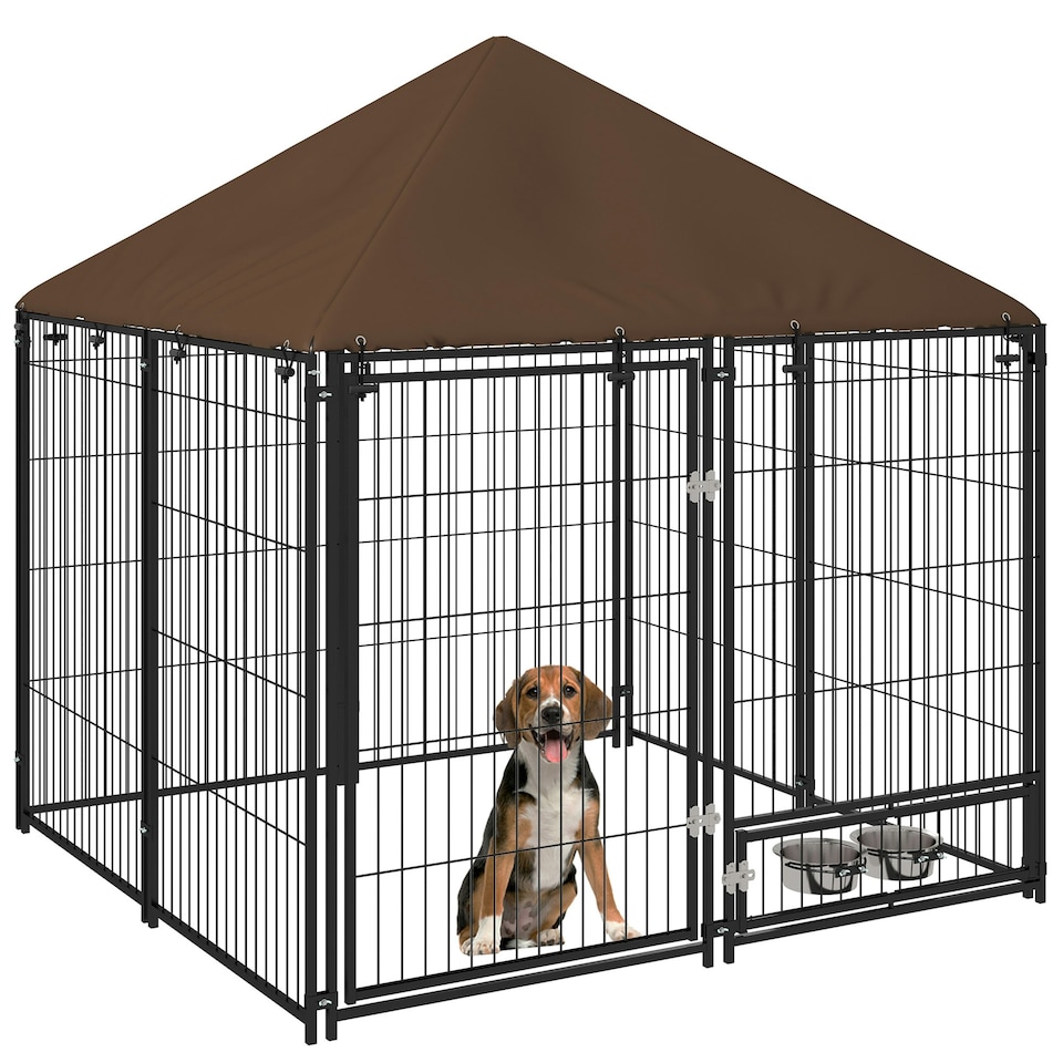 image 1 of PawHut Outdoor Dog House Kennel with Canopy Top & Lock Rotating Bowl Holder