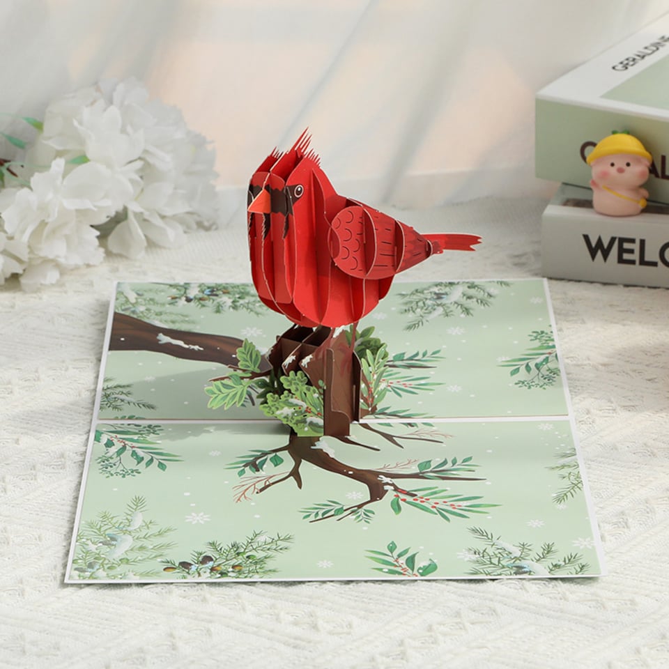 image 1 of Red Cardinal Charm 3D Pop Up Greeting Card