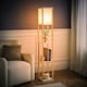 image 2 of ValueLights Struttura Oak Shelving Floor Lamp Fabric Shade & Bulb | Brown