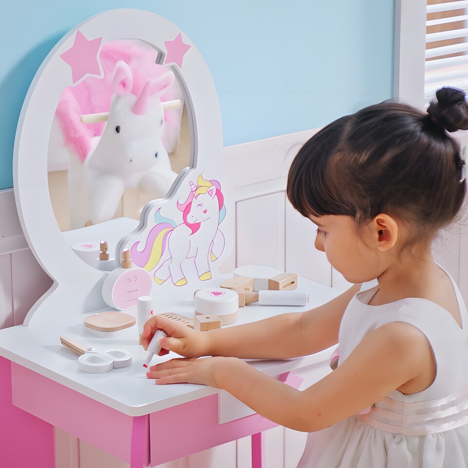 image 1 of HOMCOM Girls Dressing Table with Mirror, Stool, Pretend Play Toy | Pink | White