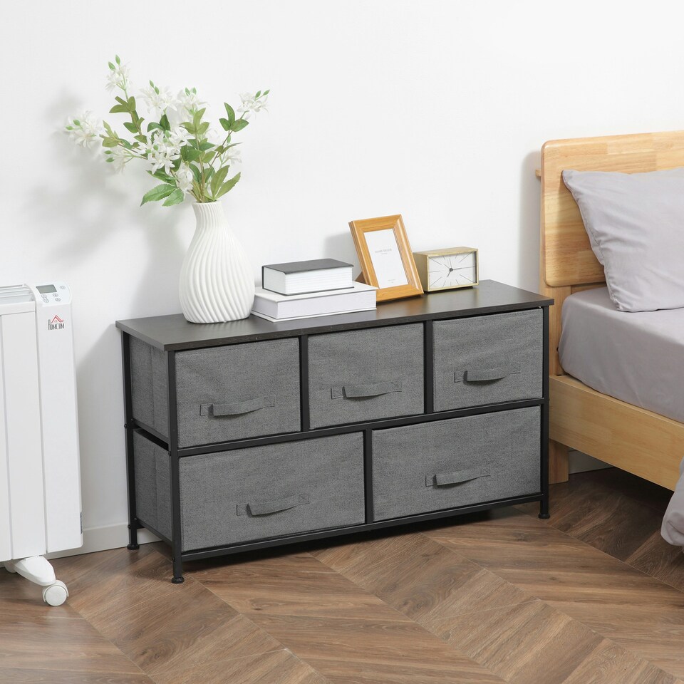 image 1 of HOMCOM Chest of Drawers, 5 Drawer Fabric Dresser for Bedroom, Dark Grey