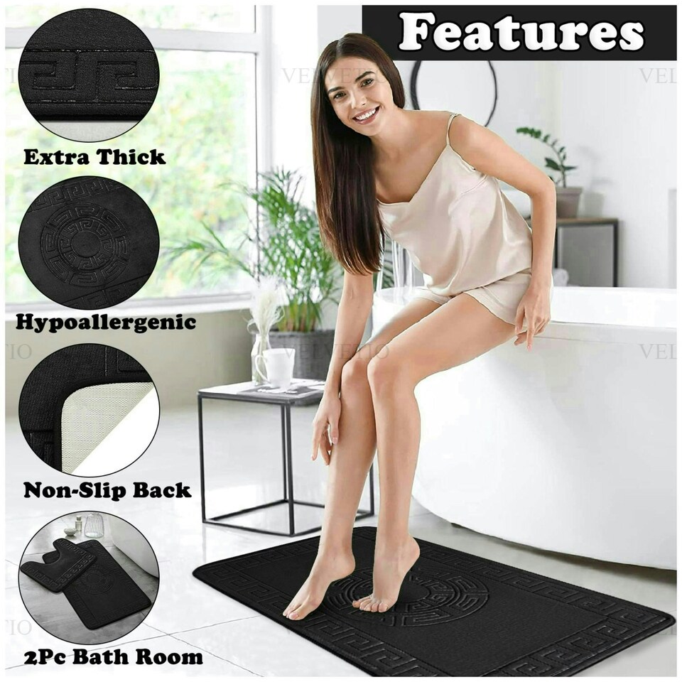 image 1 of VELVETIO Bath Mat Set Greek Pattern Anti Slip Memory Foam Toilet Rug | Black | 1