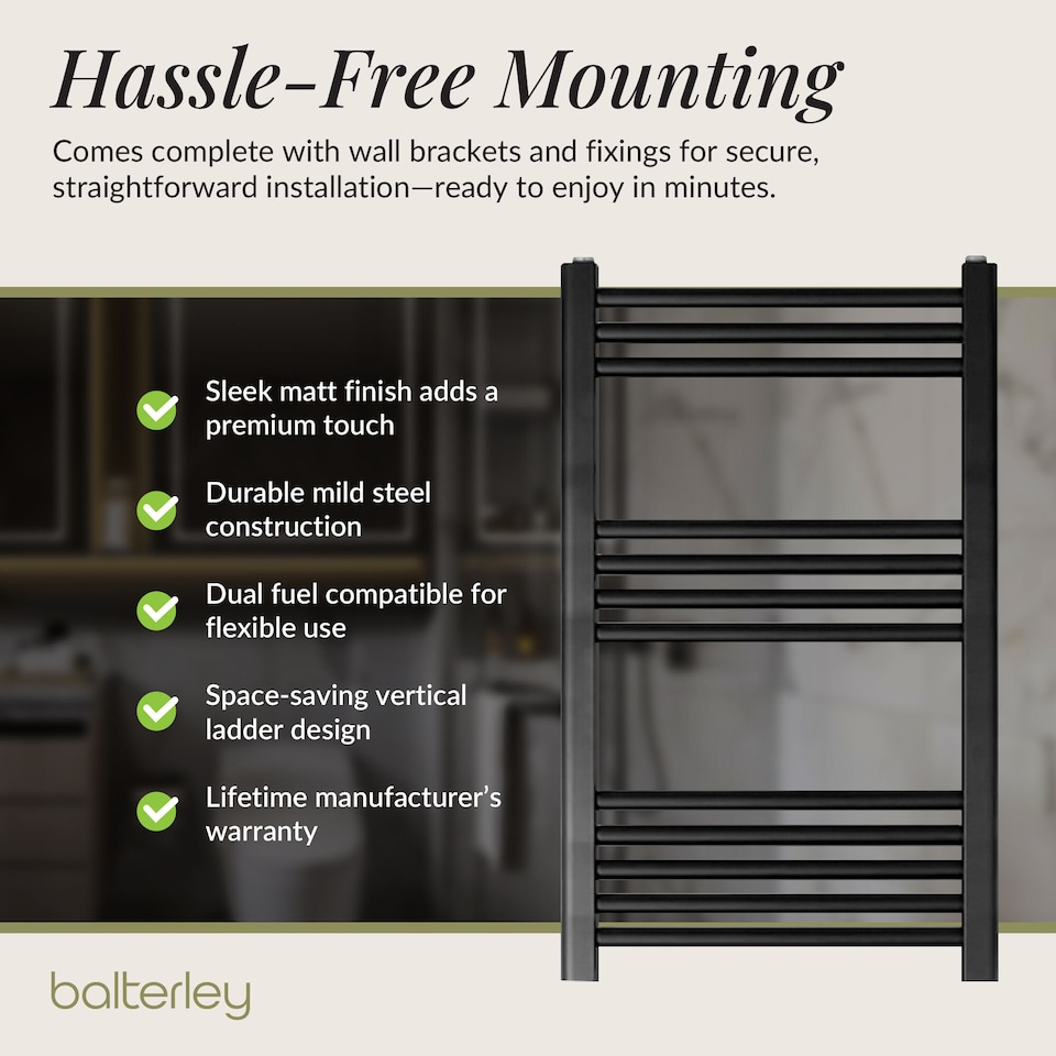 image 1 of Straight Heated Towel Rail Radiator, 455W, 500 x 800mm, Matt Black | Black | Matt Black