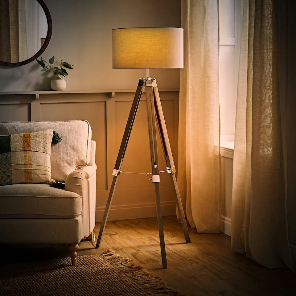 image 1 of ValueLights Modern Light Wood And Chrome Tripod Floor Lamp With Cool Grey Drum Shade Brown