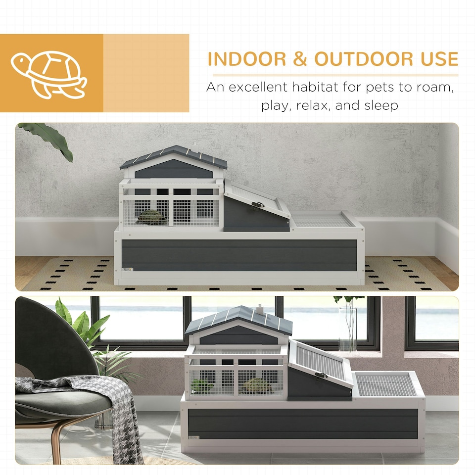 image 1 of PawHut Wooden Tortoise House Indoor Outdoor w/ Balcony, Tray, Openable Roof