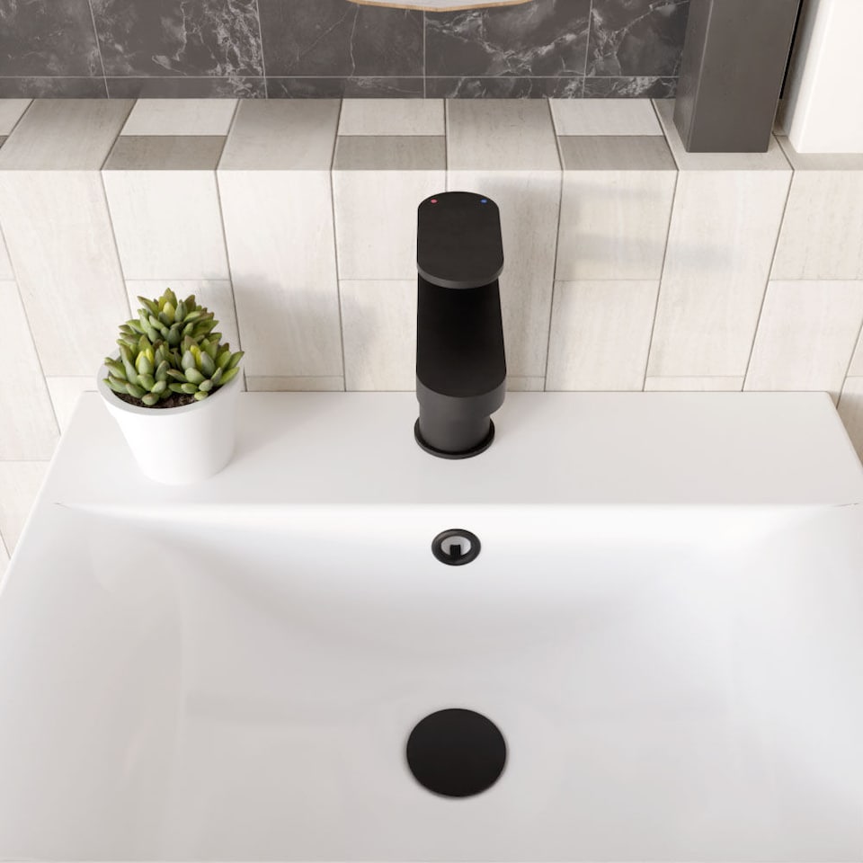 image 1 of Current Round Mono Basin Mixer Tap with Push Button Waste - Matt Black | Black | Matt Black | 1