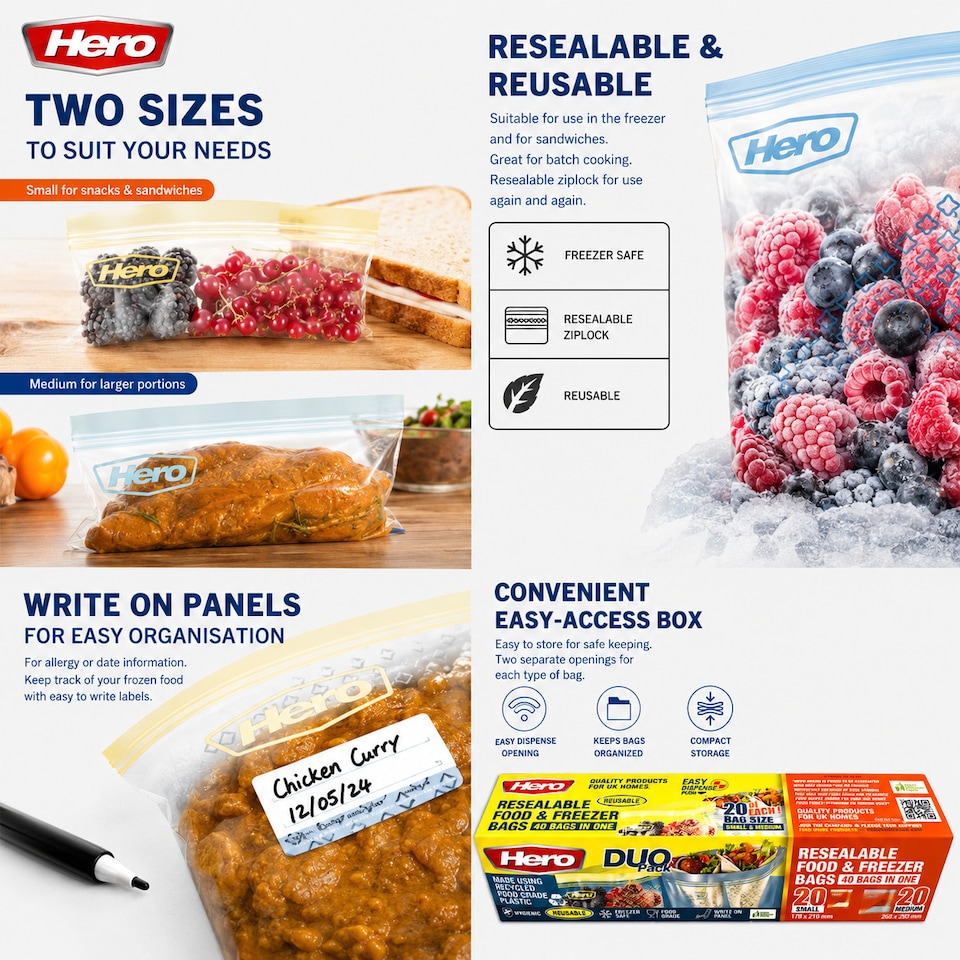 image 1 of Hero Resealable Food & Freezer Bags Duo Pack 40 Pack – 20 Small & 20 Medium Reusable Ziplock Food Storage Bags