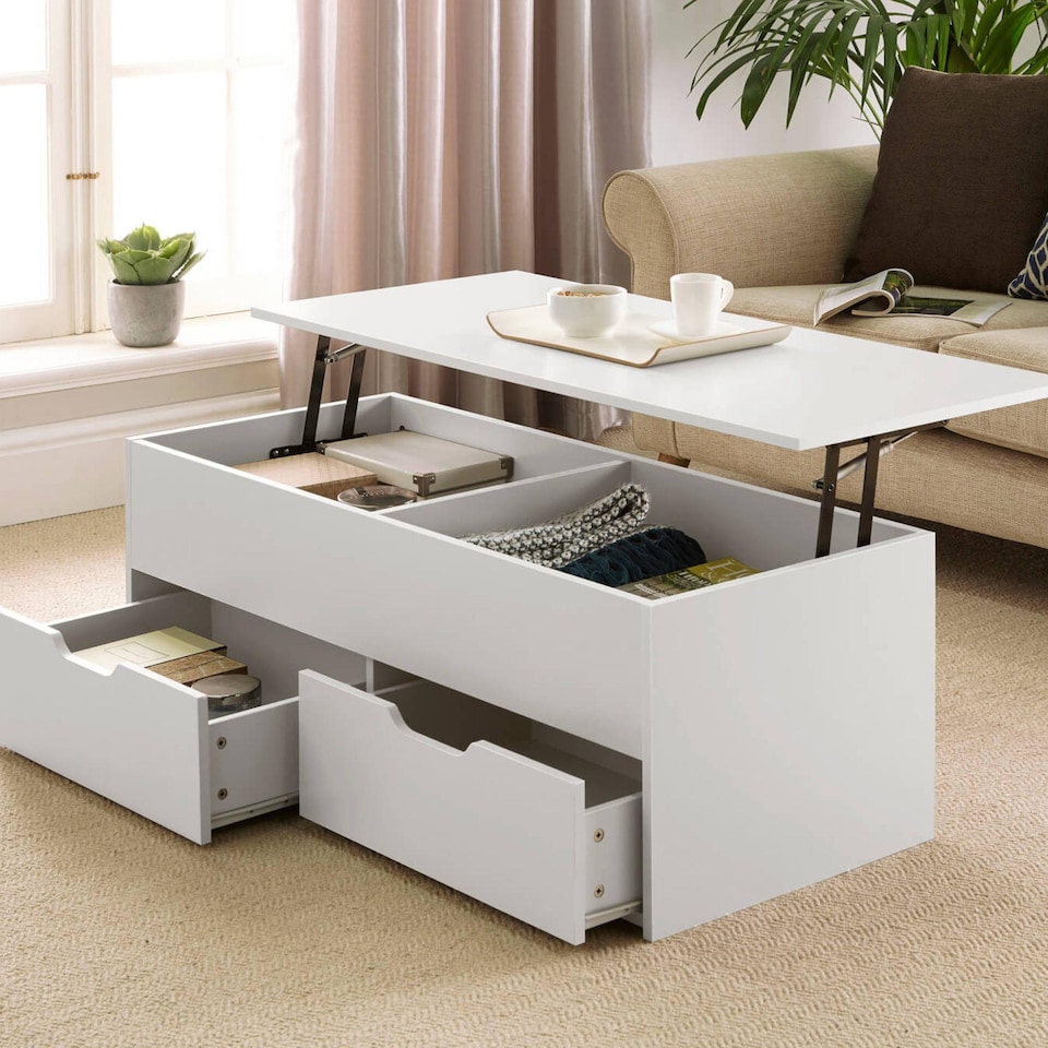 image 1 of Wooden Coffee Table With Lift Up Top and 2 Large Storage Drawers Bruges | White