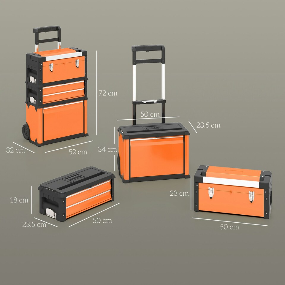image 1 of HOMCOM 3-Tier Tool Box with Wheels, Stackable Steel Toolbox | Orange