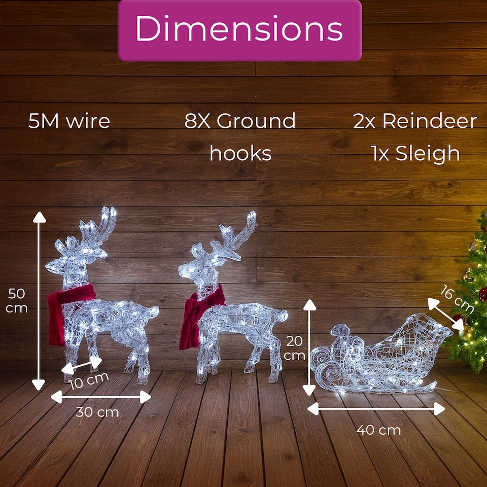 image 1 of Neo 120 Indoor Outdoor LED Light Up Reindeer and Sleigh Christmas Decoration Festive Display with Dual Light Effects Timer Red Scarves Weatherproof Frame 5m Lead Wire