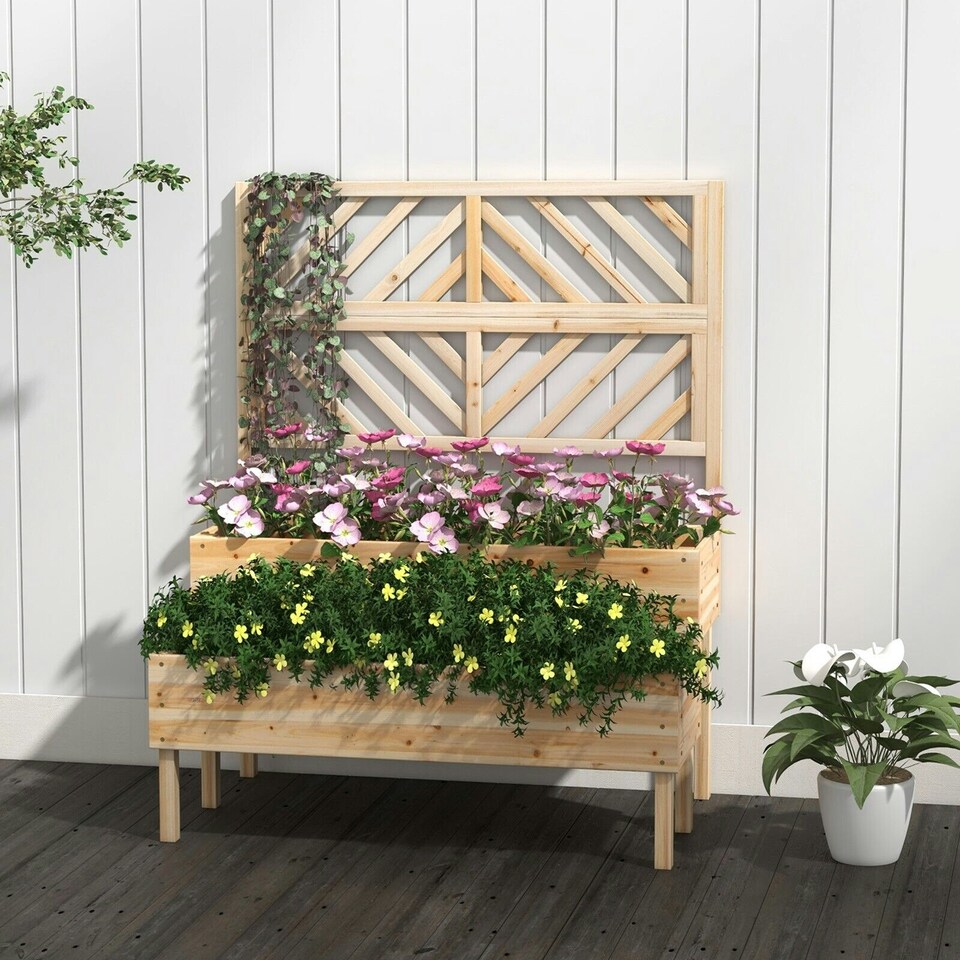 image 1 of COSTWAY Raised Garden Bed w/Trellis Elevated Planter Box Natural