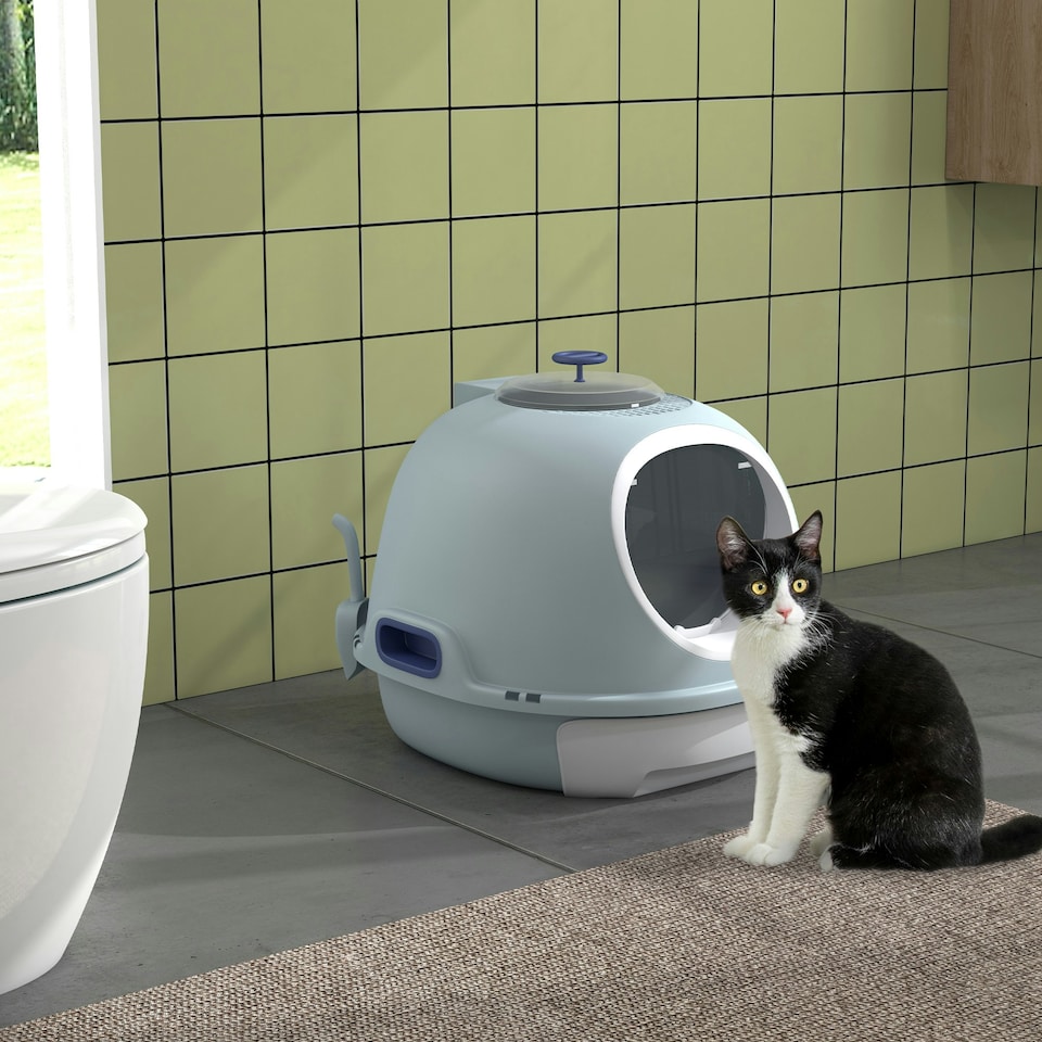 image 1 of PawHut Futuristic Capsule-Shaped Cat Litter Box w/ 2 Doors Scoop Drawer Blue