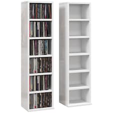HOMCOM 204 CD Media Display Shelf Unit Set of 2 Blu-Ray Tower Rack w  Adjustable Shelves Bookcase Storage Organiser, High Gloss White