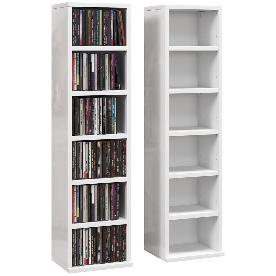 image 1 of HOMCOM 204 CD Media Display Shelf Unit Set of 2 Blu-Ray Tower Rack w  Adjustable Shelves Bookcase Storage Organiser, High Gloss White