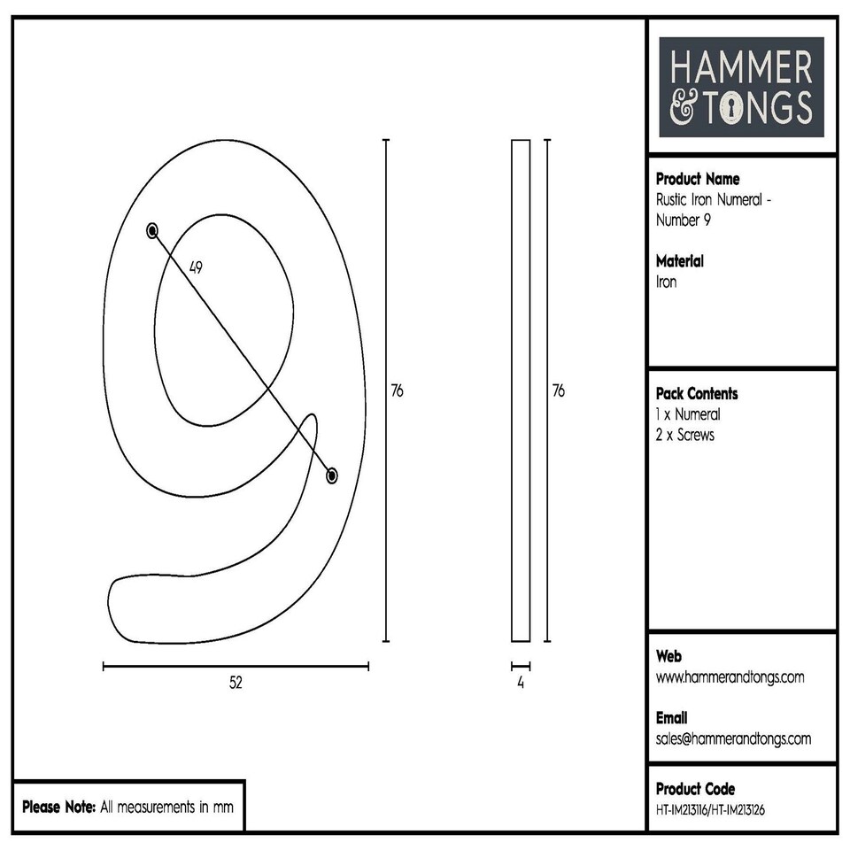 image 1 of Hammer & Tongs Rustic Iron Numeral - Number 9 - H75mm - Black