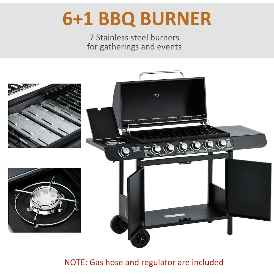 image 1 of Outsunny 6+1 Burner Gas BBQ Grill Garden Barbecue with Wheels, Cabinet