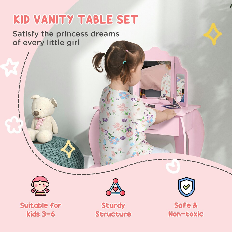 image 1 of HOMCOM Makeup Dressing Table Set with Tri-Folding Mirror and Drawer, Pink Pink