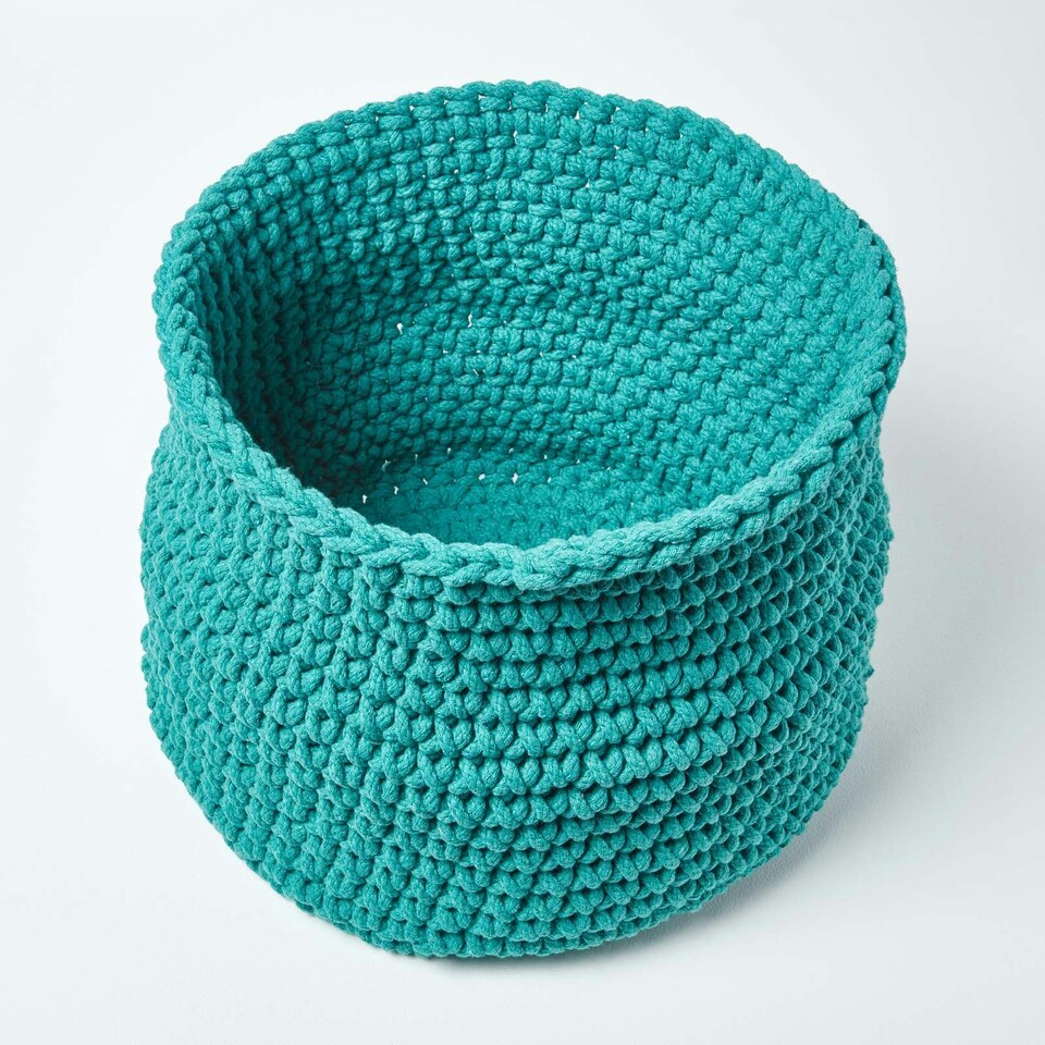 image 1 of Homescapes Teal Green Cotton Knitted Round Storage Basket - 42 x 37 cm Green | L