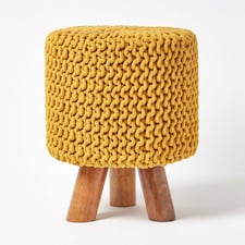 Homescapes Mustard Tall Cotton Knitted Footstool on Legs | Yellow | 32 x 32 x 42 cm