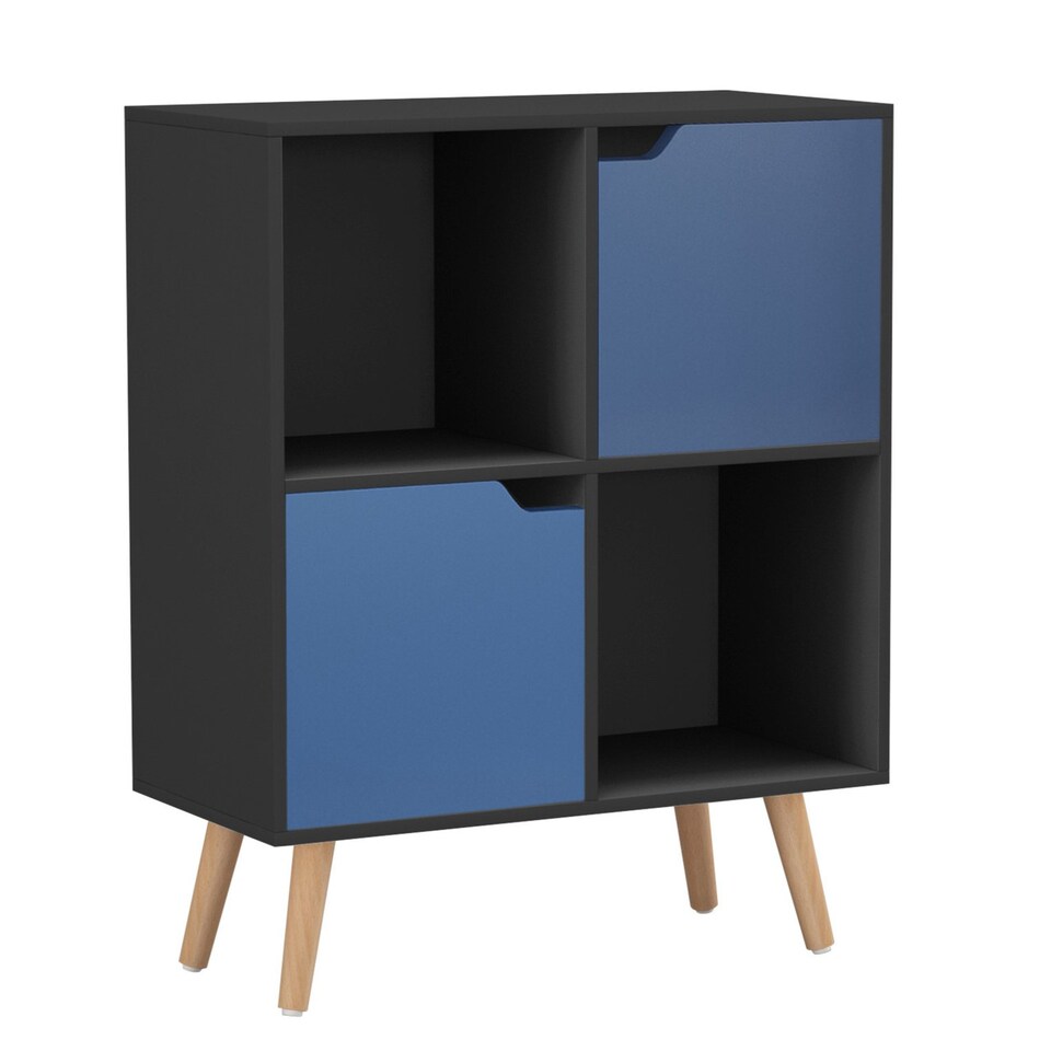 image 1 of Black 4-Cube Storage Unit with 2 Wooden Doors and Legs | Blue | Blue & Beech | 1