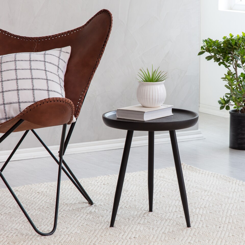 image 1 of MH London Chervey Round Side Table Solid  Wood End Table with Metal Tri-Pin Legs Small