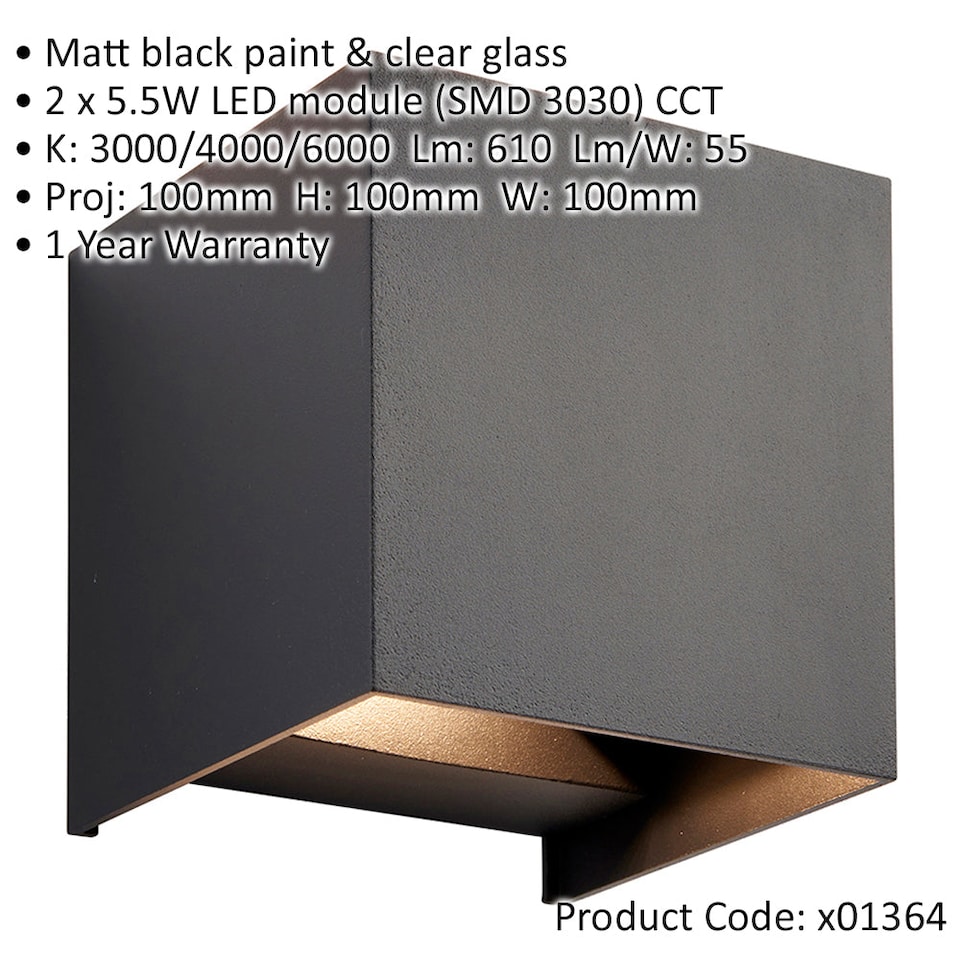 image 1 of 2 PACK Twin Outdoor IP44 Cube Wall Light - 2 x 5.5W CCT LED - Matt Black