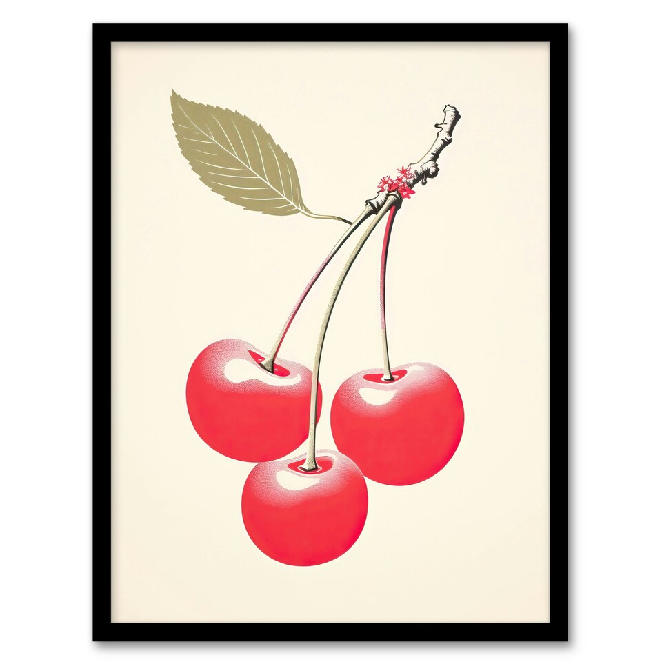 image 1 of Red Smudge Cherries On Stem Leaf Bright Pink Kitchen Black Framed Wall Art Print A4
