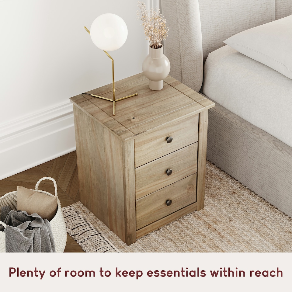 image 1 of Vida Designs Panama 3 Drawer Bedside Chest Cabinet Table Nightstand, Solid Pine Wood
