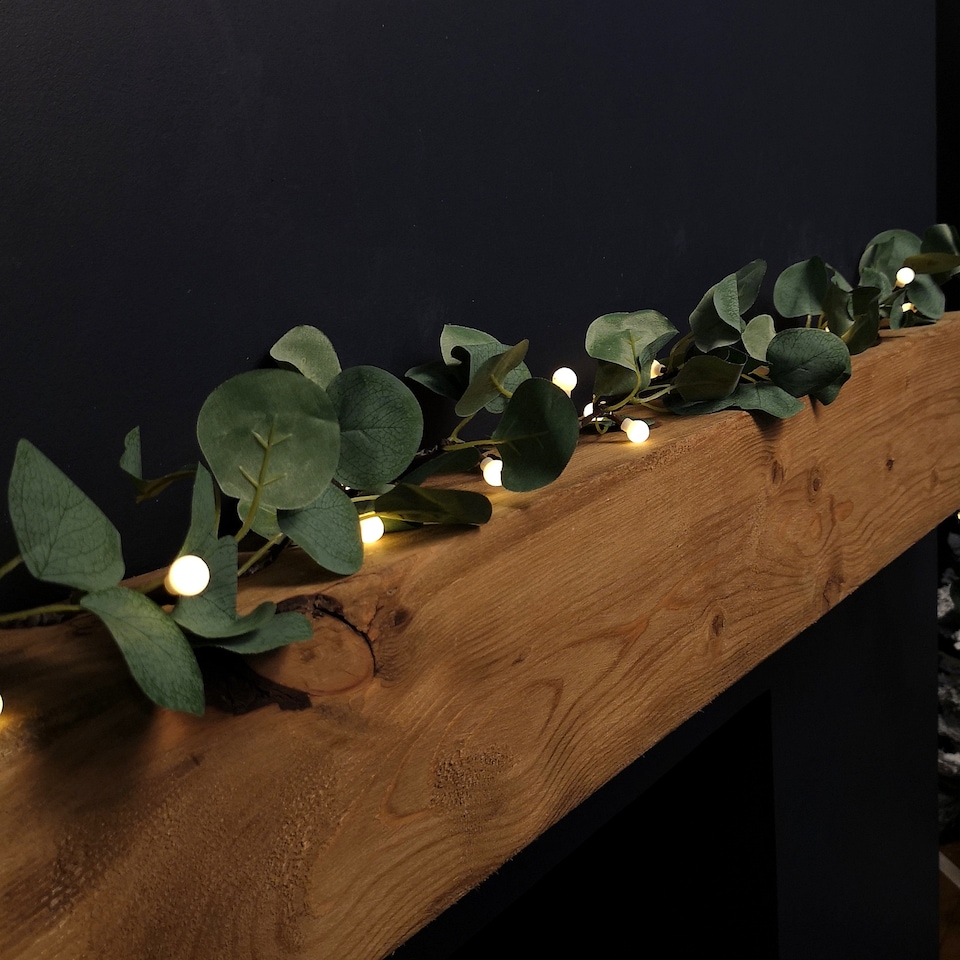 image 1 of 1.8m LED Artificial Eucalyptus Garland with Warm White Lights - Battery Operated Green Leaf Foliage for Indoor Christmas Decor