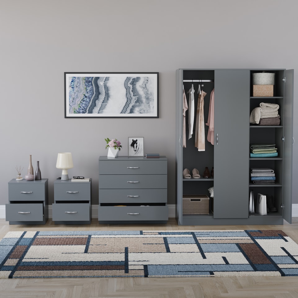 image 1 of Vida Designs Riano 4 Piece Bedroom Set (2 Drawer Bedside Chest, 4 Drawer Chest, 3 Door Wardrobe), Grey (6)