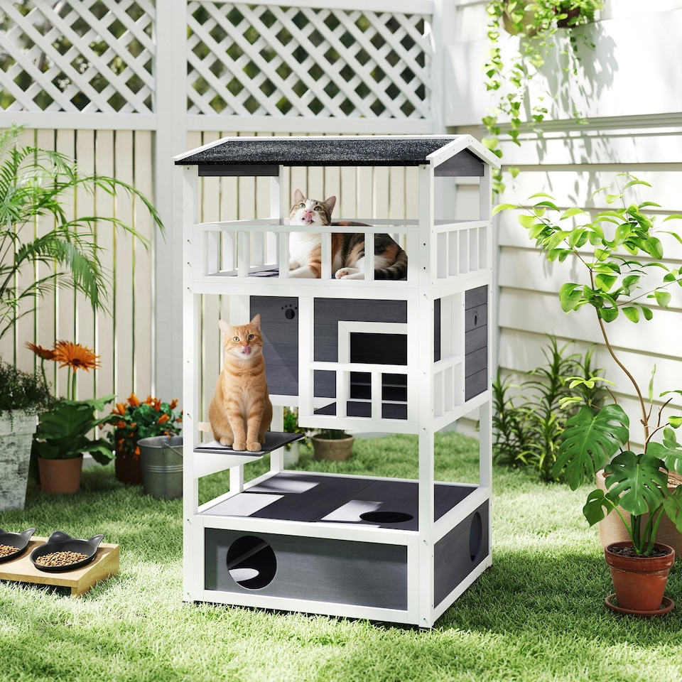 image 1 of PawHut Wooden Outdoor Cat House 3-Tier Kitten Shelter w/ Tilted Roof Grey