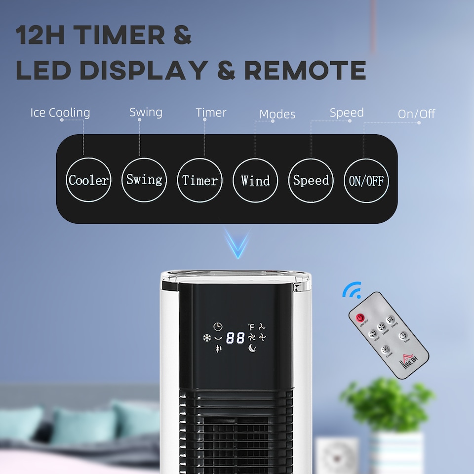 image 1 of HOMCOM Portable Air Cooler, 6L Tank with 3 Ice Packs, Oscillating Evaporative Air Cooler Fan with 3 Modes Speed, 10H Timer, Detachable Washable Filter, LED Display Remote Control for Home, White