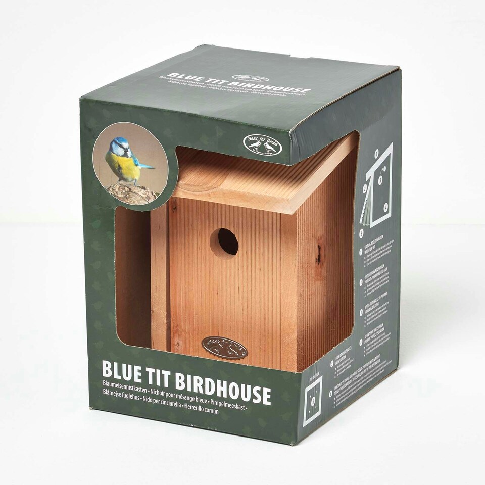 image 1 of Homescapes Real Wood Blue Tit Bird Box House Multi