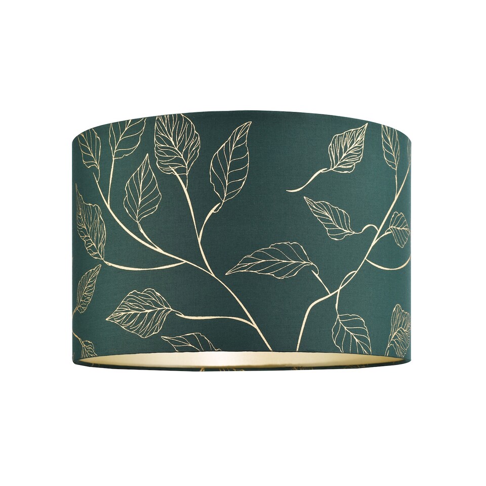 image 1 of Modern Forest Green Cotton Fabric Drum Lamp Shade with Gold Foil Floral Design | Green