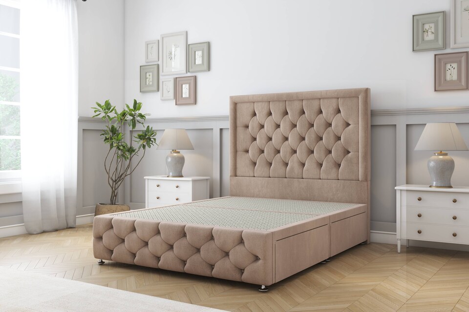 image 1 of Sloomy Vienna Mink Naples Divan Bed Base 4 Drawers With 26 Inch Strutted Headboard & 12 Inch Matching Footboard | Brown | Mink | Double | 1