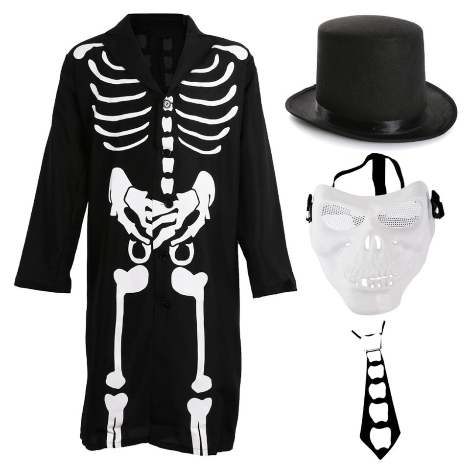 image 1 of Skeleton Costume - with Mask & Top Hat | Multi | XL