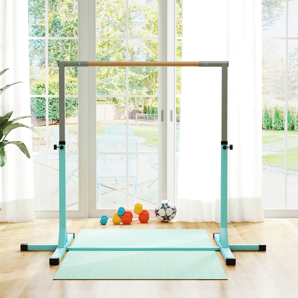 image 1 of HOMCOM Adjustable Kids Gymnastics Bar Horizontal Training Steel, Light Blue