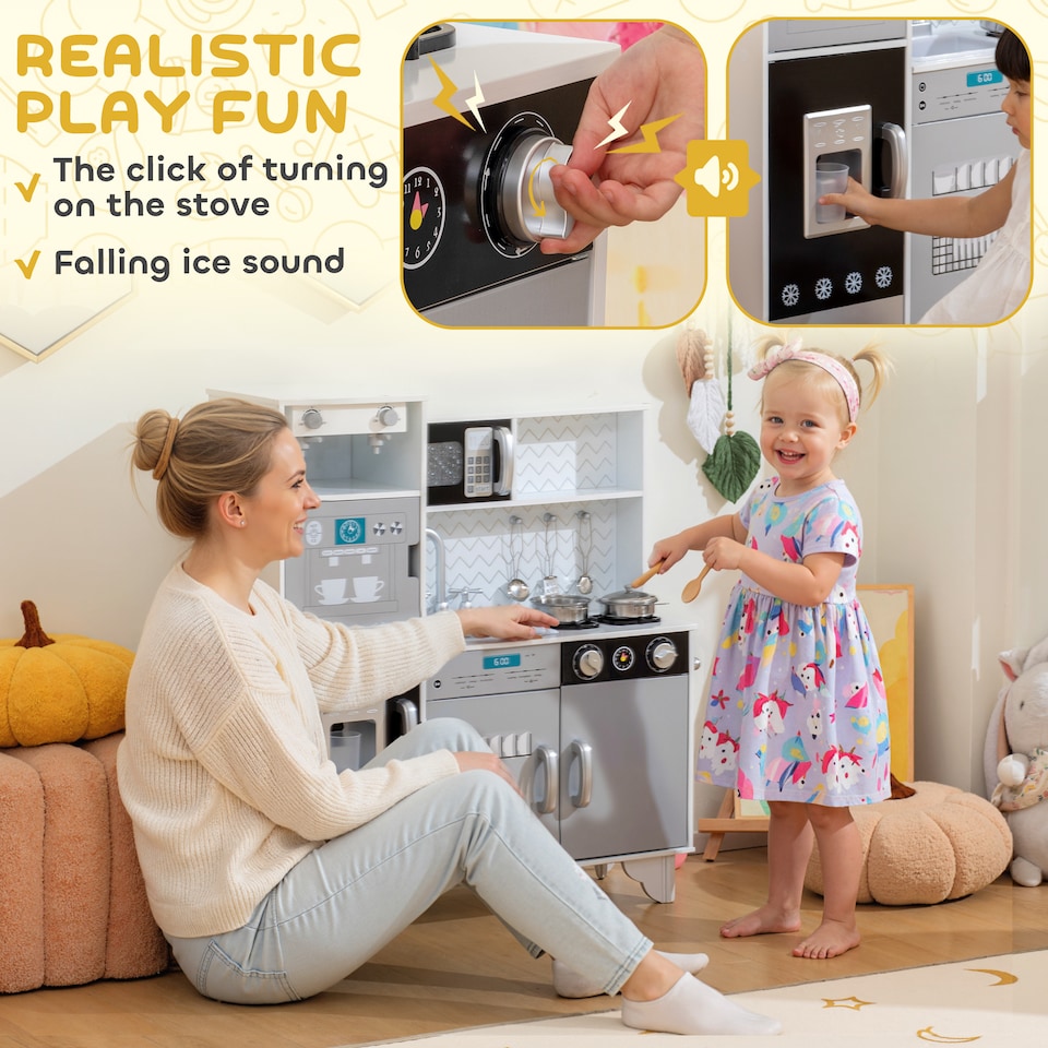 image 1 of AIYAPLAY Kids Play Kitchen, Large Pretend Play Toy Kitchen with Stove Sounds, Microwave, Ice Maker, Coffee Maker, Sink, Stainless Steel Utensils, Cooking Role Play Set for Boys and Girls 3-6 Years