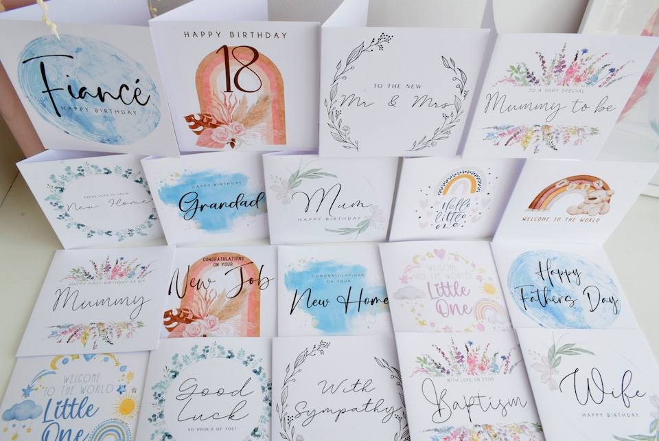 image 1 of Happy Birthday Greeting Card. Minimal Script Watercolour Elegant Luxury Linen