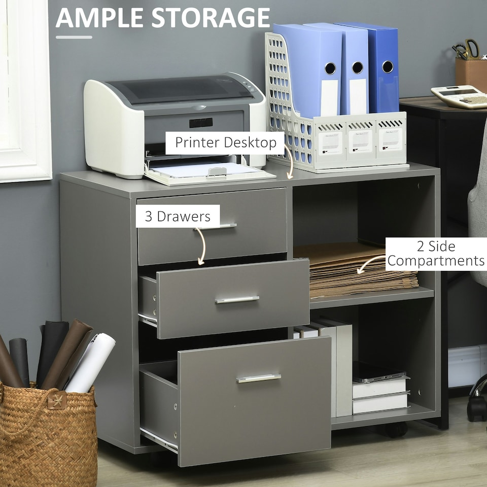 image 1 of HOMCOM Freestanding Storage Cabinet w/ 3 Drawers 2 Shelves 4 Wheels Office Grey