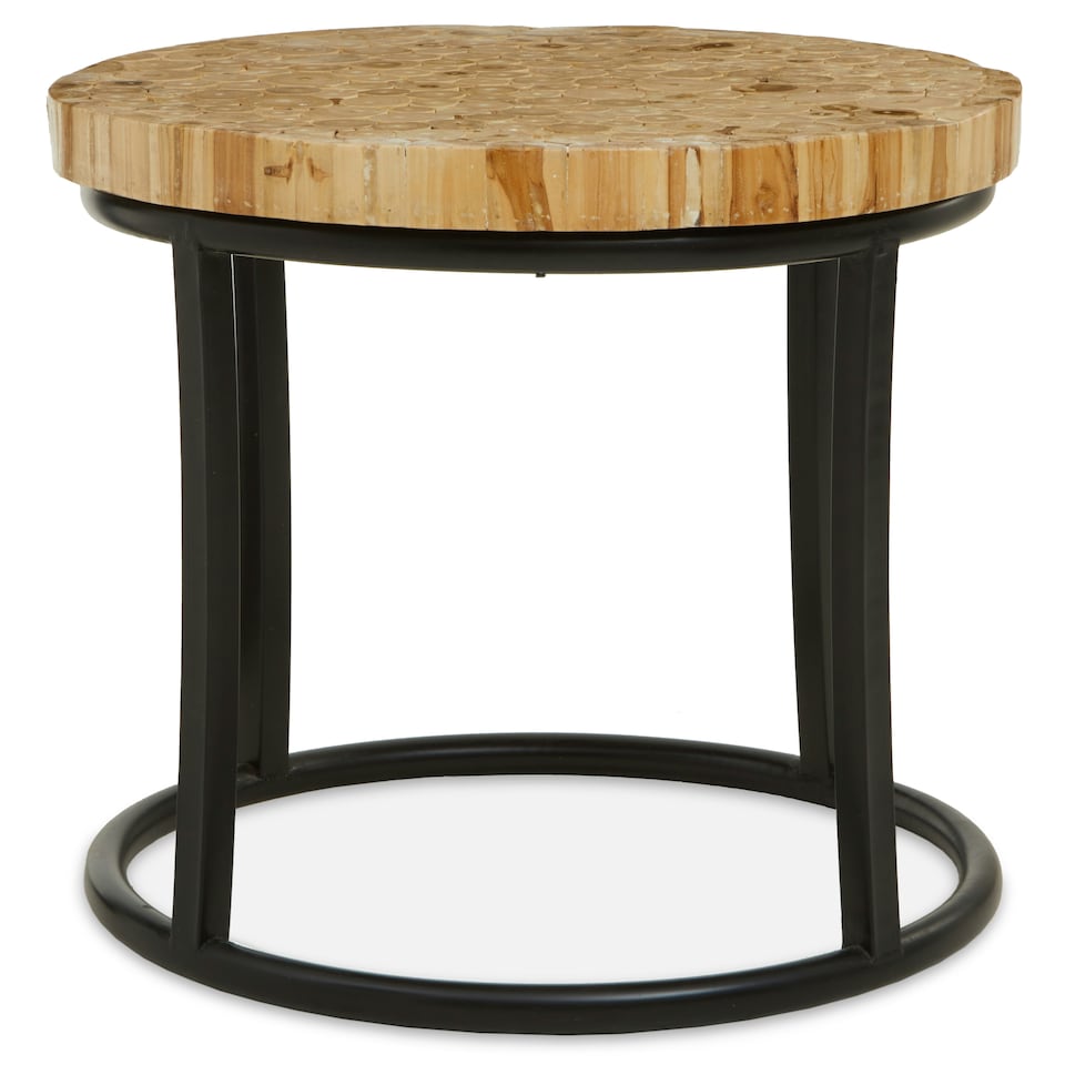 image 1 of Interiors by Premier Round Teak Table with Black Iron Frame, Rustic Teak‑Inlaid Top & Minimalist Iron Base Brown