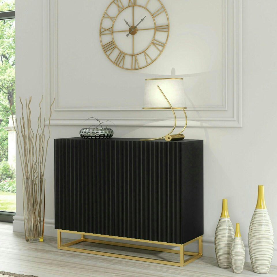 image 1 of Black Sideboard 100cm Fluted Doors Gold Frame Modern Storage Cabinet