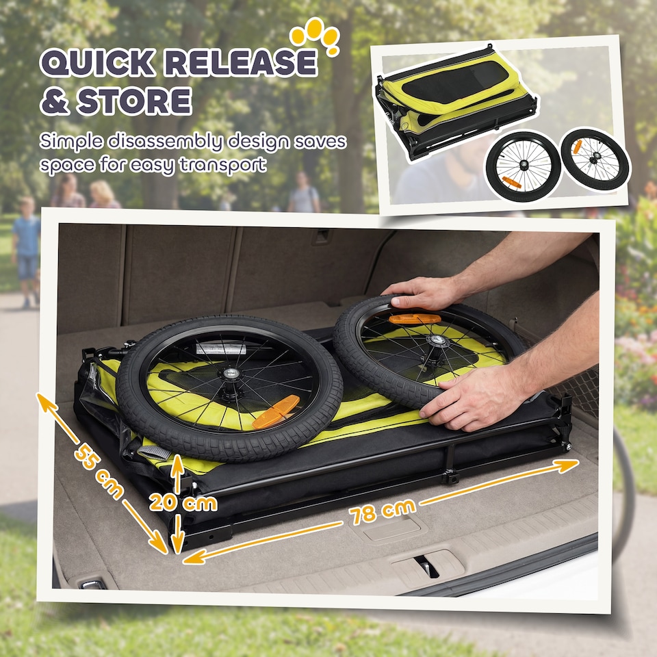 image 1 of PawHut Dog Bike Trailer w/ Flip-Down Ramp Tailgate, Reflectors | Yellow | Yellow, Black | 138L x 69W x 70H cm