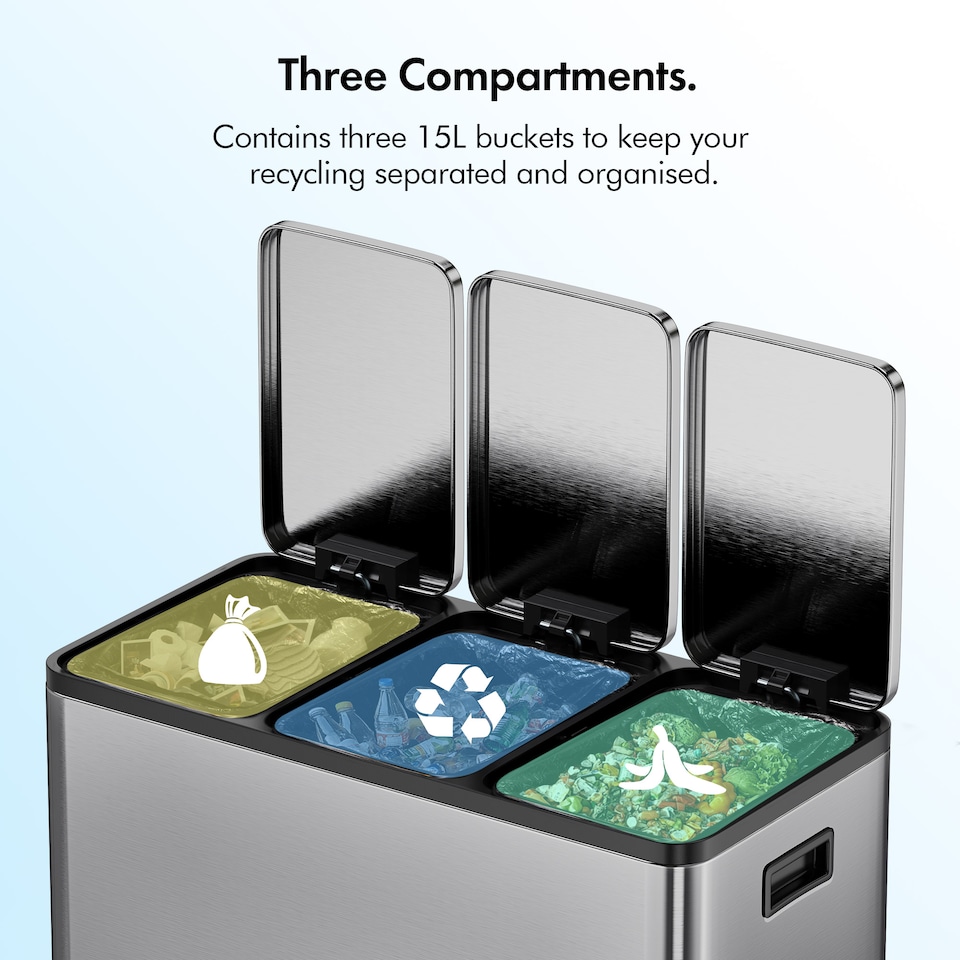 image 1 of 3 Compartment 45L Waste & Recycling Kitchen Bin (3 x 15L) | Silver | Stainless Steel | 45L