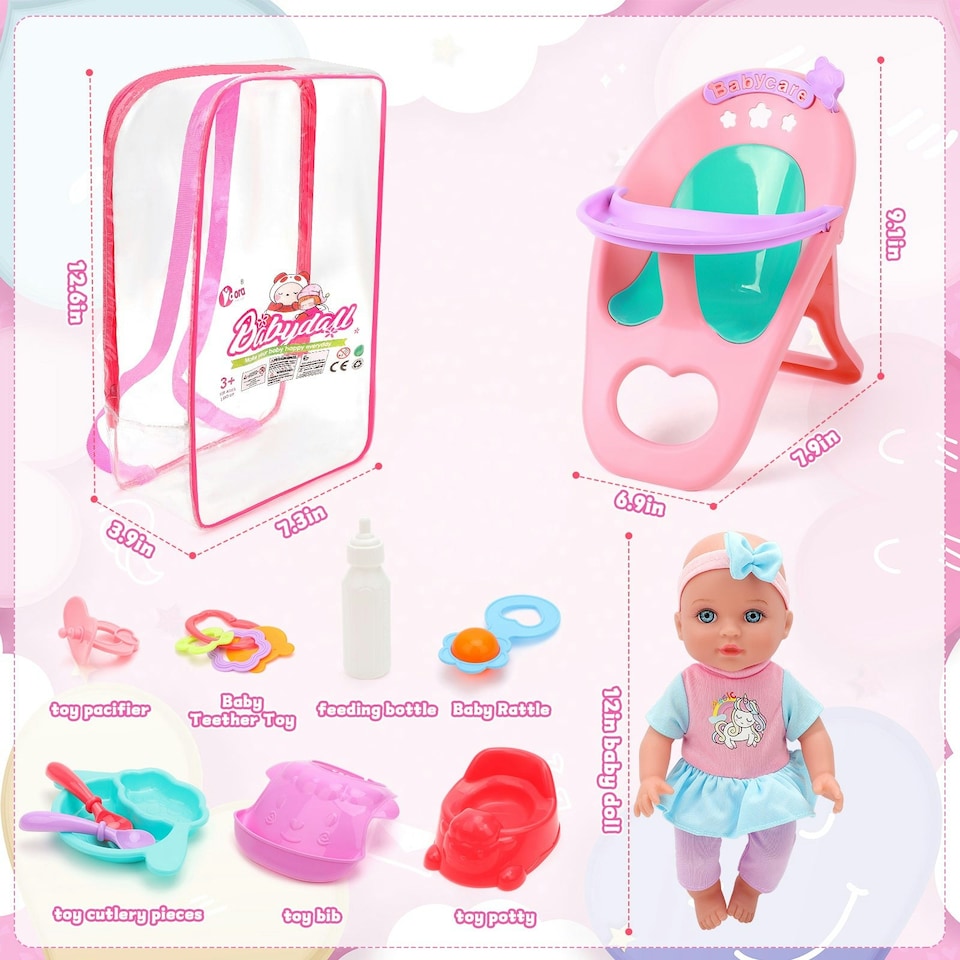 image 1 of 12 Inch Baby Doll Toys Feeding Set with Carry Backpack High Chair Playset