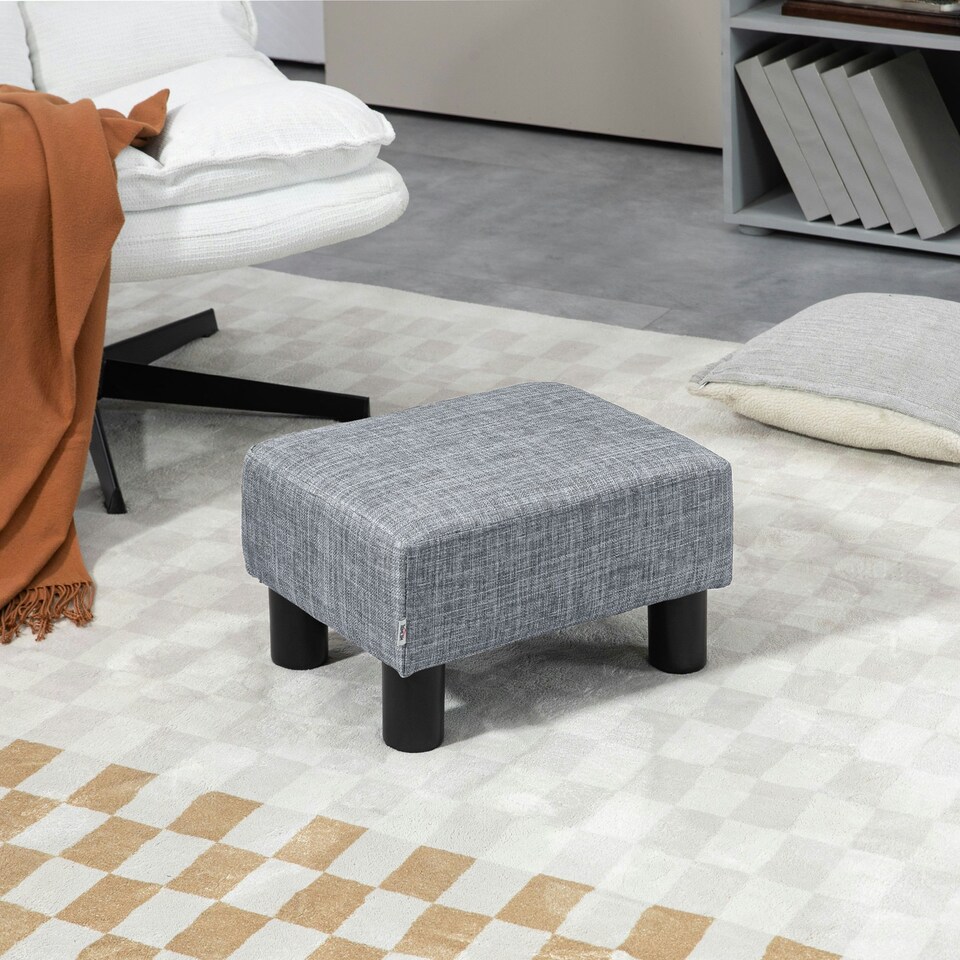 image 1 of HOMCOM Chic Linen Fabric Footstool Ottoman Cube with 4 Plastic Legs Grey