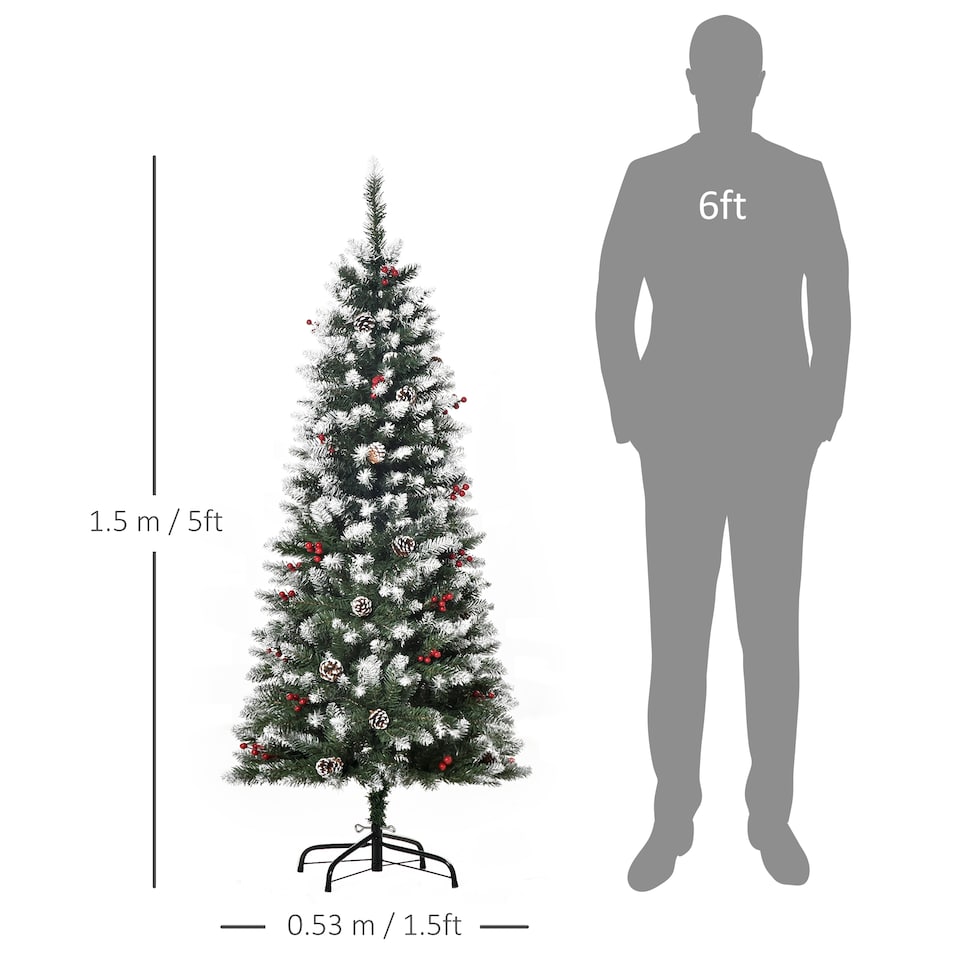 image 1 of HOMCOM 5FT Artificial Christmas Tree mas Pencil Tree with Red Berries and Pinecones Holiday Home Indoor Decoration with Foldable Feet, Green