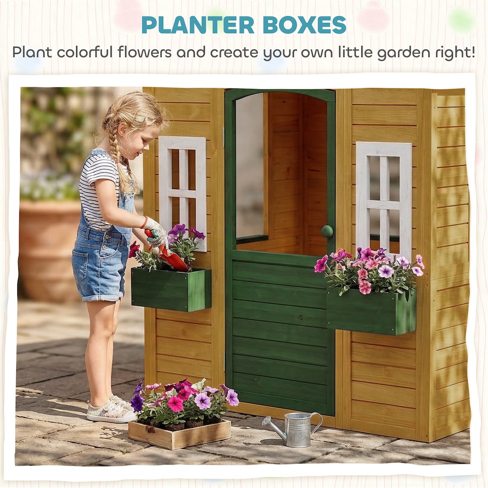 image 1 of AIYAPLAY Outdoor Playhouse, Wooden Wendy House with Door, 2 Flower Boxes
